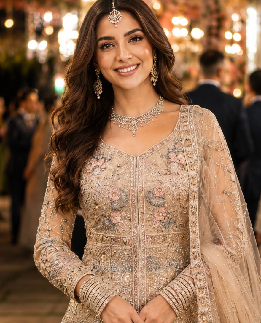 CREAM - Beige Net Thread Work Lehenga Choli